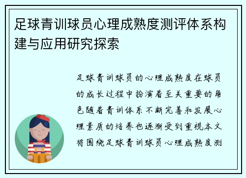 足球青训球员心理成熟度测评体系构建与应用研究探索