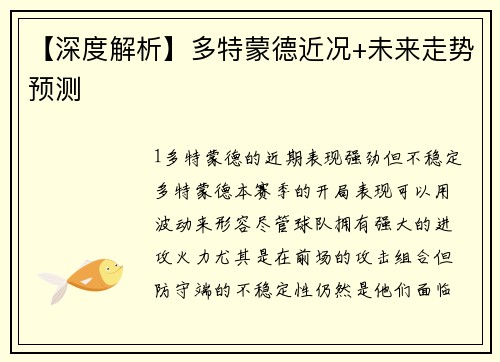 【深度解析】多特蒙德近况+未来走势预测
