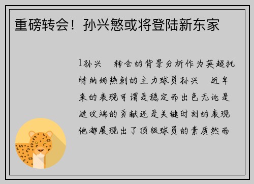 重磅转会！孙兴慜或将登陆新东家