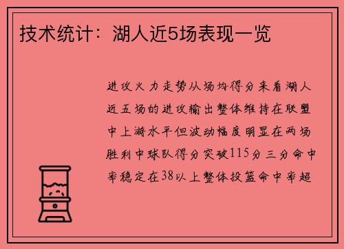 技术统计：湖人近5场表现一览